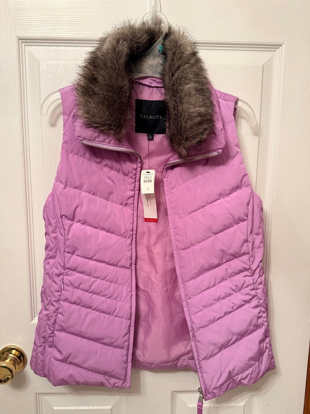 Talbots violet down vest featuring a quilted pattern, removable faux fur collar
